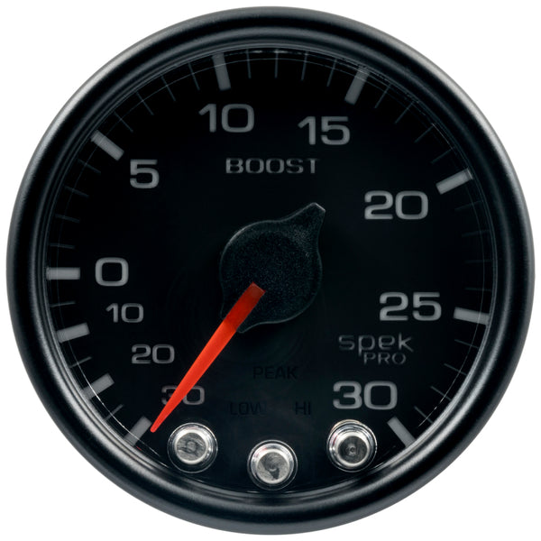 Autometer Spek-Pro Gauge Vac/Boost 2 1/16in 30Inhg-30psi Stepper Motor W/Peak & Warn Black/Black